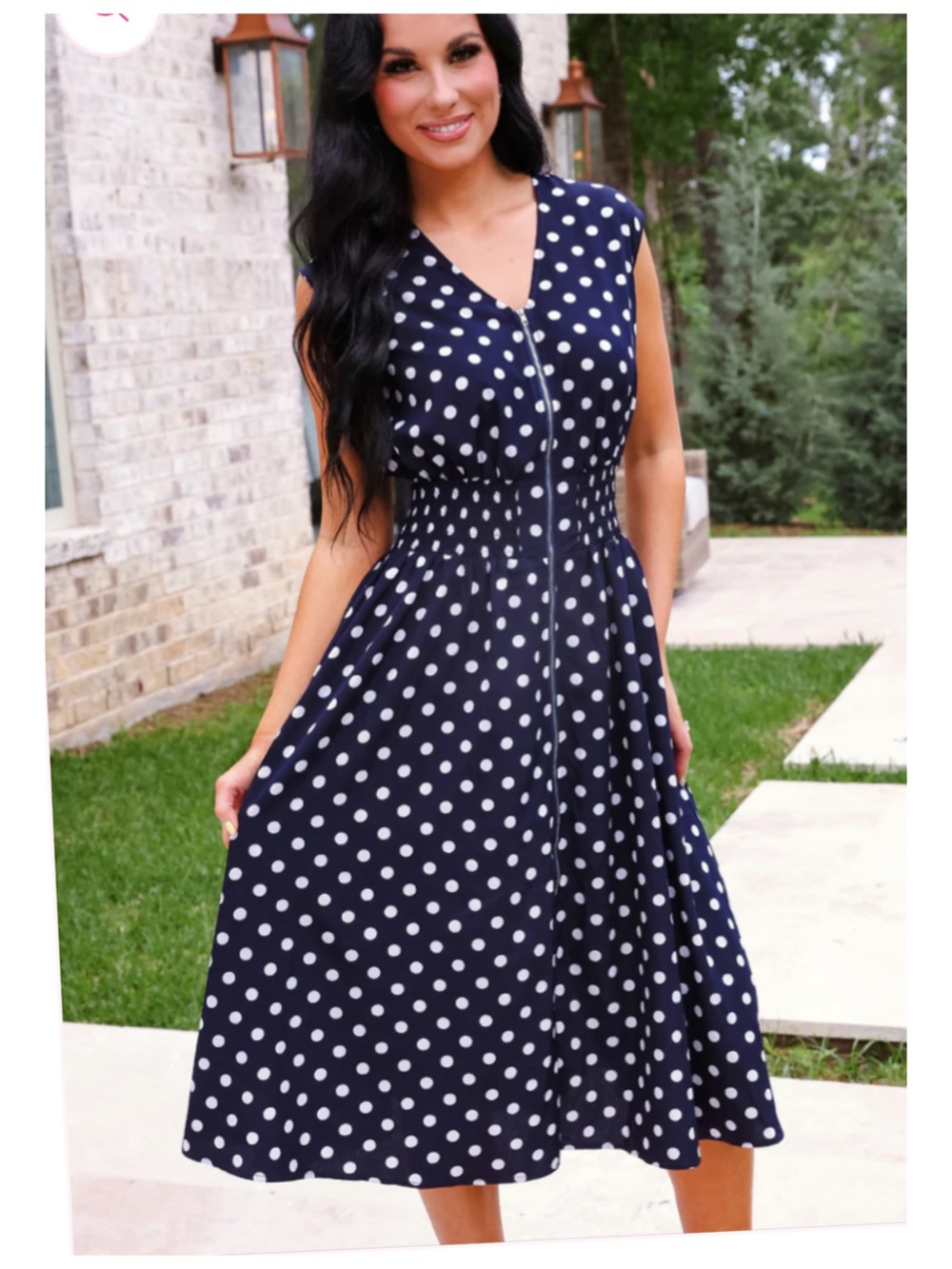 “Annie” Navy Polka Dot Midi Dress with Front Zip Smocked Waist Regular/Plus